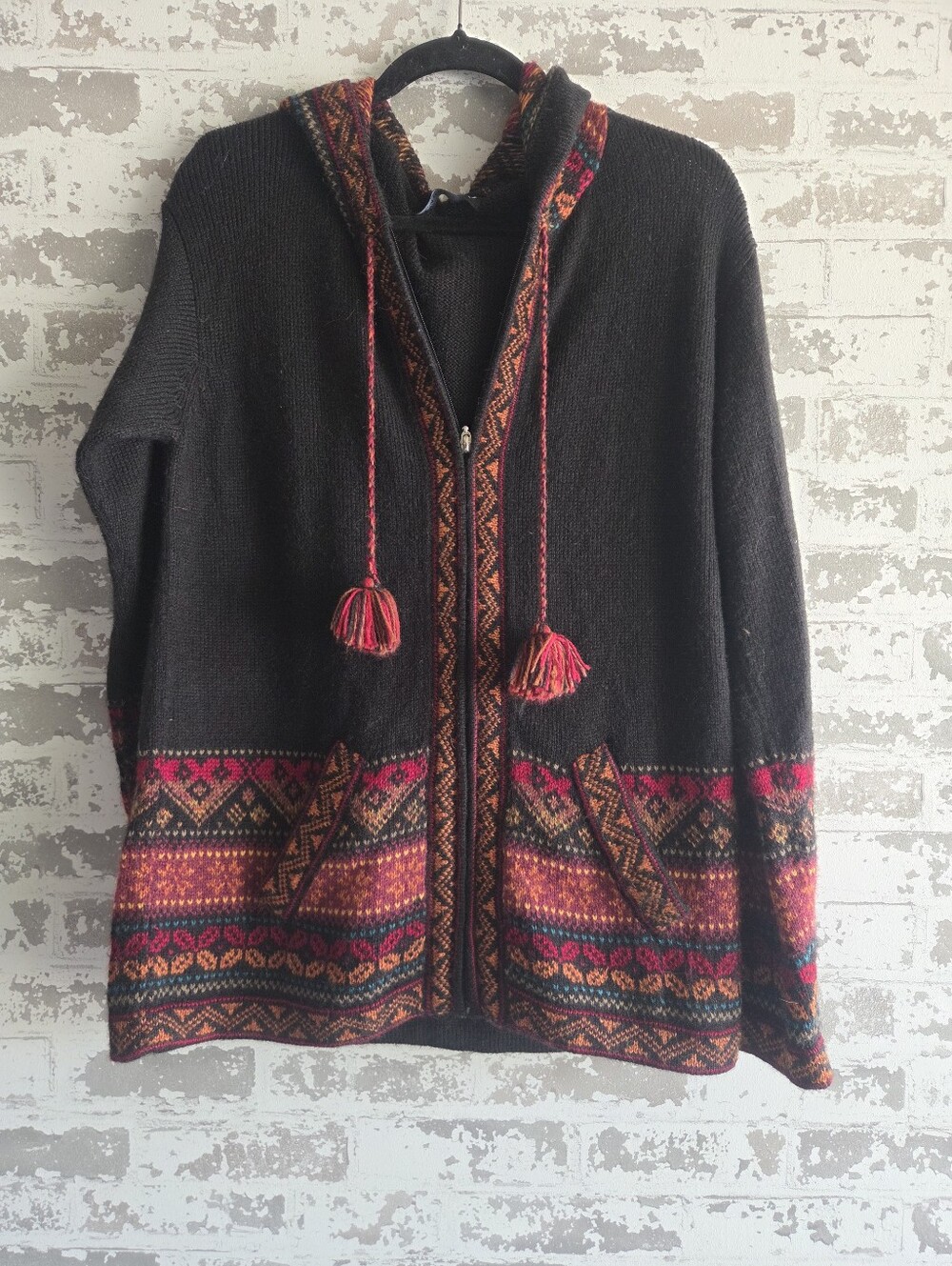 Alpaca Connection Peruvian Zip-Up Hoodie Sweater - Black with Geometric Aztec Tr
